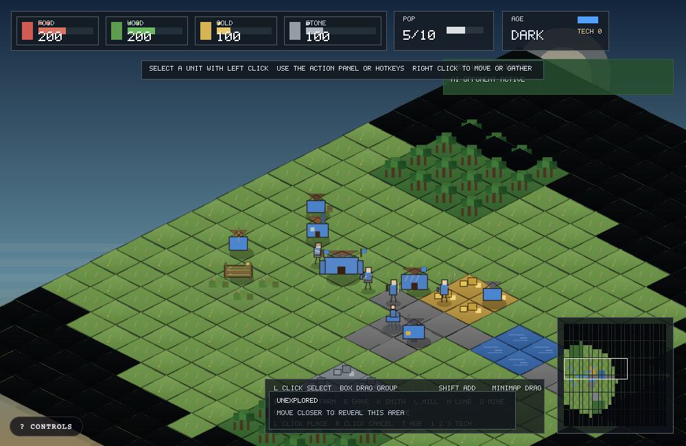 Villagers and buildings in an isometric Age of Dave settlement, surrounded by unexplored terrain.