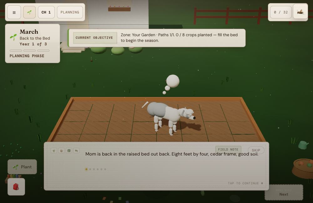 Garden OS’s 3D raised bed and opening story dialog in Mom’s backyard.