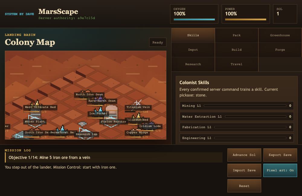 An isometric Mars colony with mineral deposits, a habitat, and resource controls.
