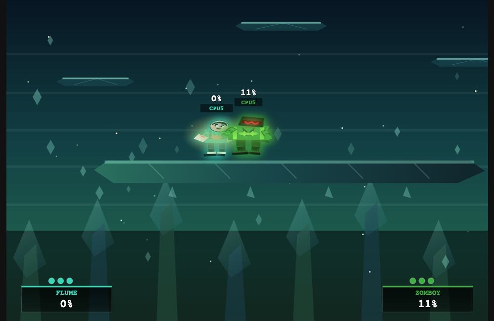 Flume and Zomboy battle on floating platforms in Electric Forest.