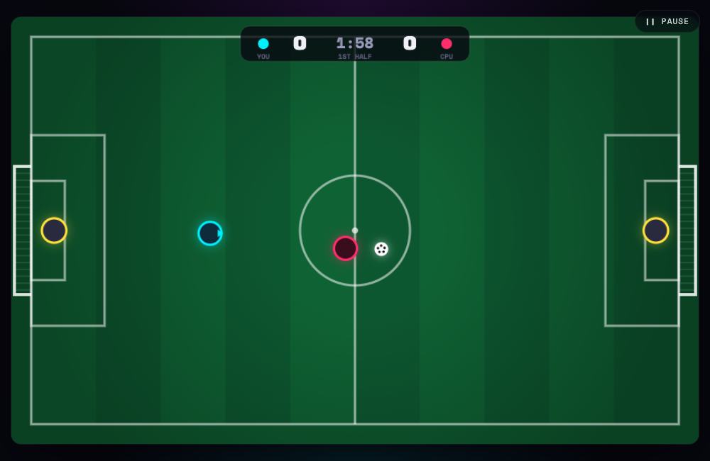 Neon soccer players face off against the CPU on Pitch Riot’s green pitch.